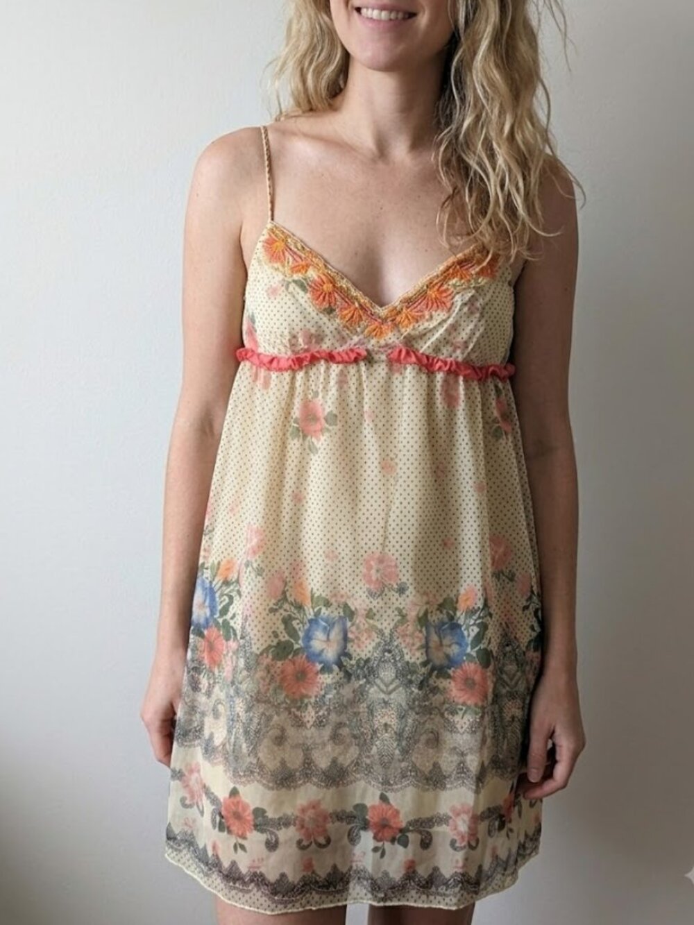 Free People - Beaded Sheer Camisole Nighty Chemise | Small | Cream Red Floral